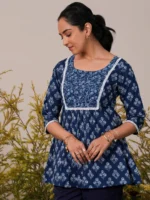 Indigo Printed Cotton A-Line Kurti - Image 3