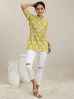 Yellow Printed Cotton Straight Short Kurti - Image 4