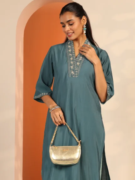 Blue Embellished Silk Blend Straight Kurta