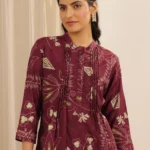 Maroon Printed Silk Blend Straight Short Kurti